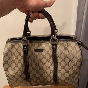 Authenticated Used Gucci Boston Bag Beige Brown GG Supreme 203516 PVC  Leather GUCCI Handbag Ribbon Women's Men's 